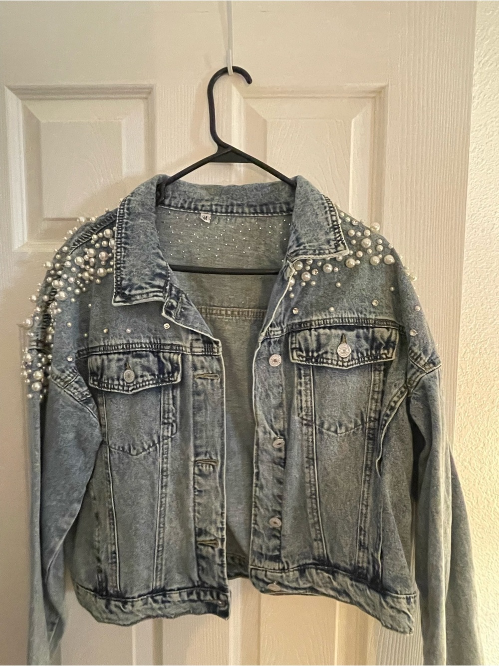 Pearl & Rhinestone Embellished Light Blue Denim Jacket
